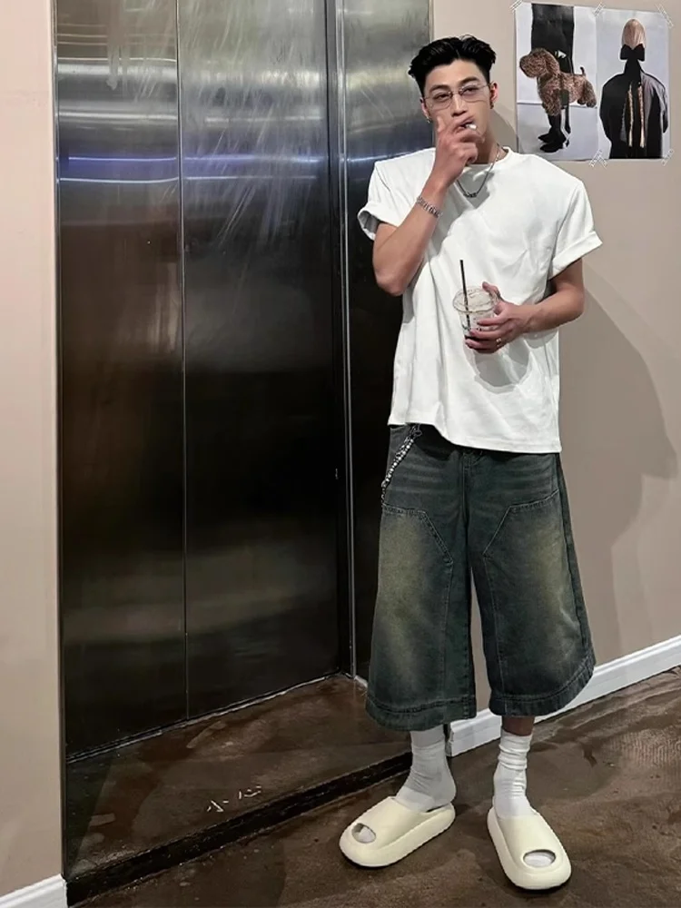 

Мужские джинсы в американском ретро-стиле, свободные прямые брюки длиной семь футов, из денима с эффектом состаривания, для уличной моды