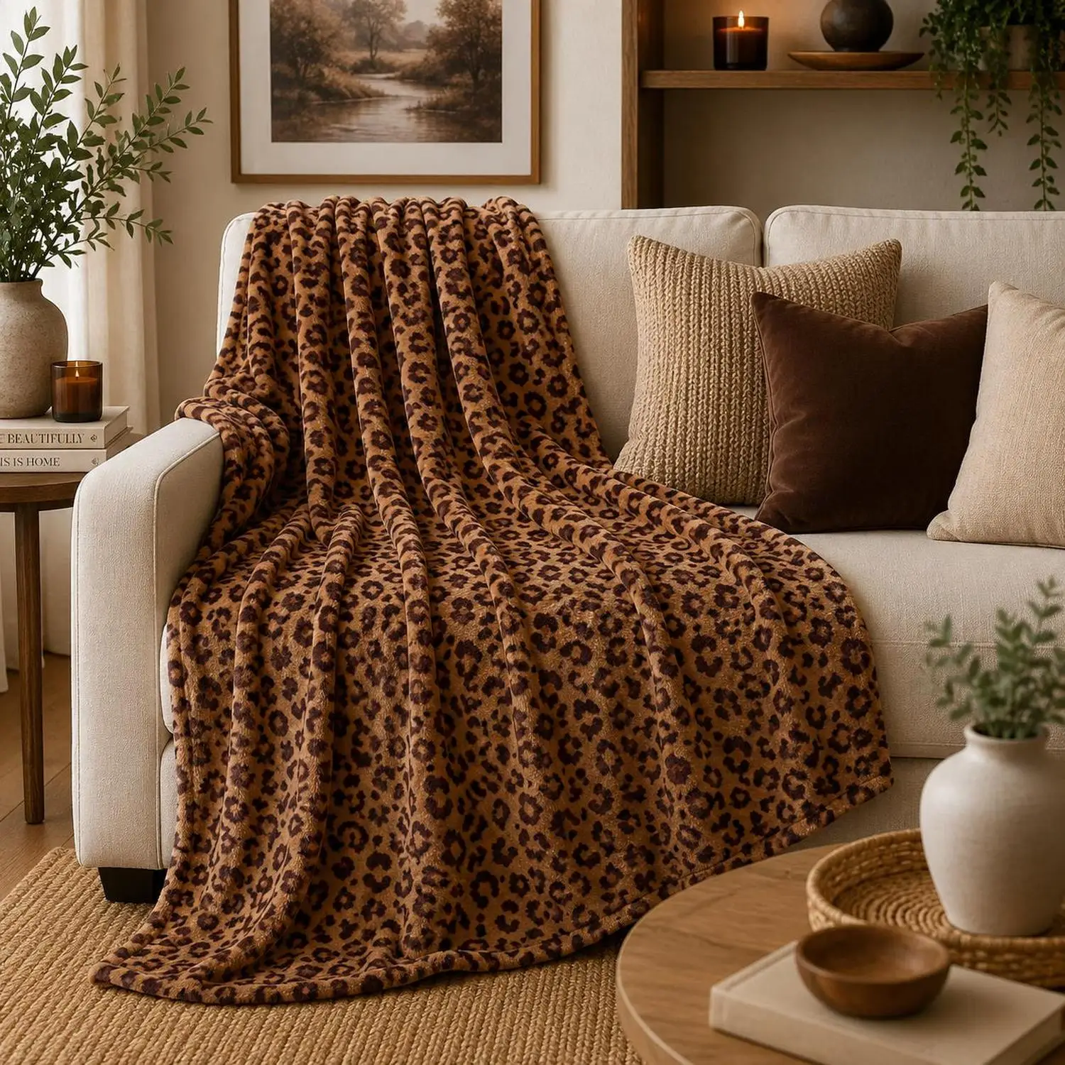 [Flannel Blanket] Neutral Color Leopard Print Blanket, Luxurious Animal Print Blanket, Leopard Sofa Blanket, Modern Wild Home Decor, Comfortable Bed Blanket