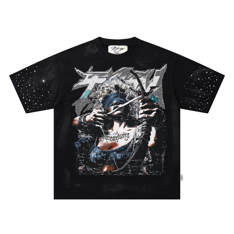 Vintage T-Shirt mit Kriegerinnen-Grafik für Männer, Distressed Gradient Washed Tee, Oversized Hip-Hop T-Shirts, Streetwear, Y2k-Kleidung, C – Detail 5