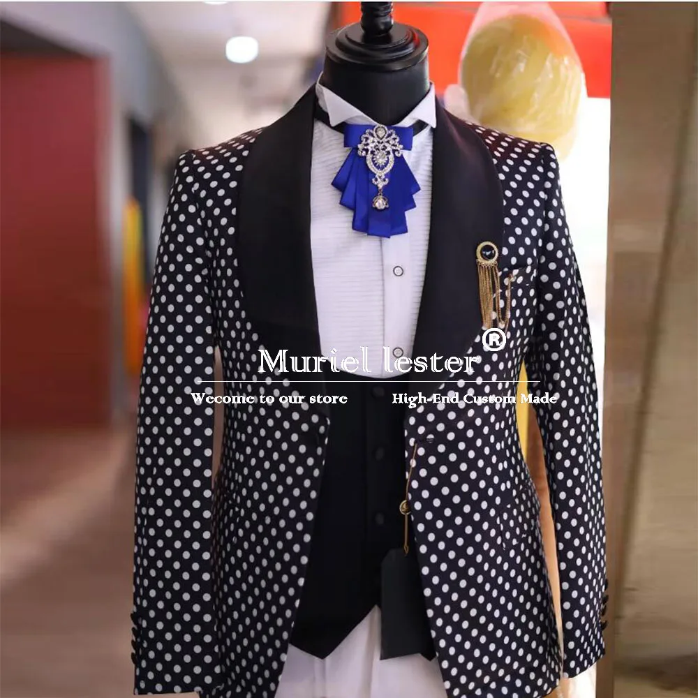 Man Formal Party Suits Polka Dot Blazer Customized 3-Piece Formal Occasion Groom Wedding Tuxedos Slim Fit Male Fashion Clothing