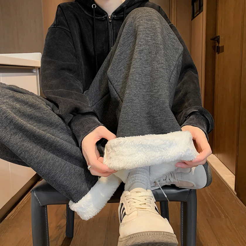 

410 г темно-серых бархатных клейких рисовых брюк для мужчин в четыре сезона, прямые брюки с подвесными штанинами, ленивые и свободные широкие брюки