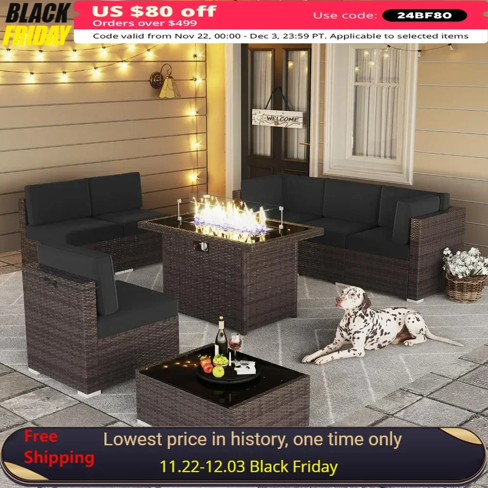 

8 Piece Patio Furniture Set with 44" Fire Pit Table, Outdoor Sectional Conversation Set Wicker Rattan Sofa Set with Coffee Table