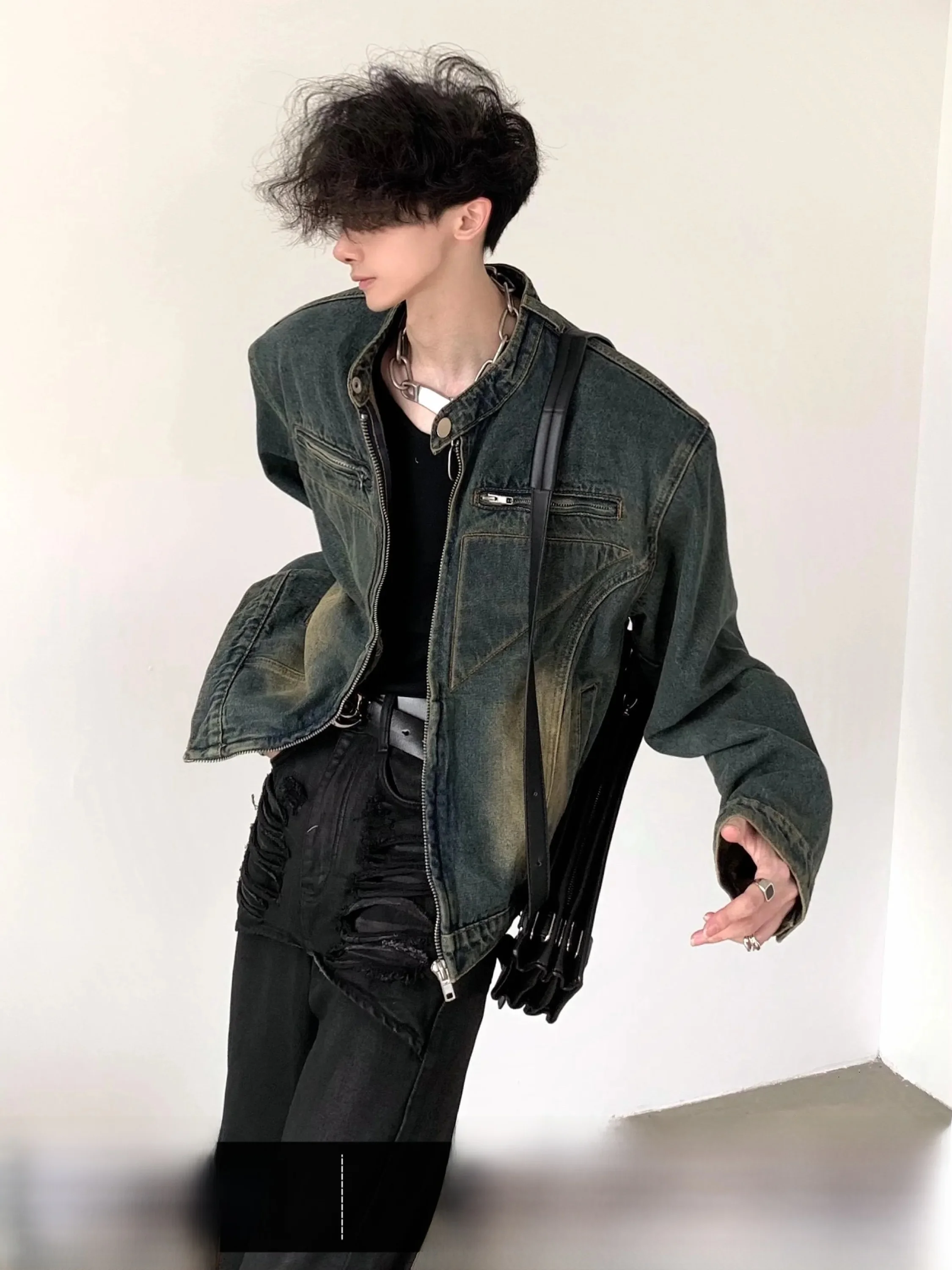 Youthful Short Washed Denim Jacket Men's Deconstructed Design Shoulder Pad Vintage Style Spring Autumn Winter Outerwear