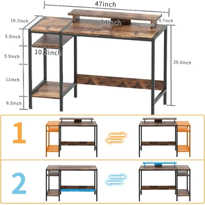 Gaming/Computer Desk - 47” Home Office Small Desk with Monitor Stand,Rustic Writing Desk for 2 Monitors,Adjustable Storage Space