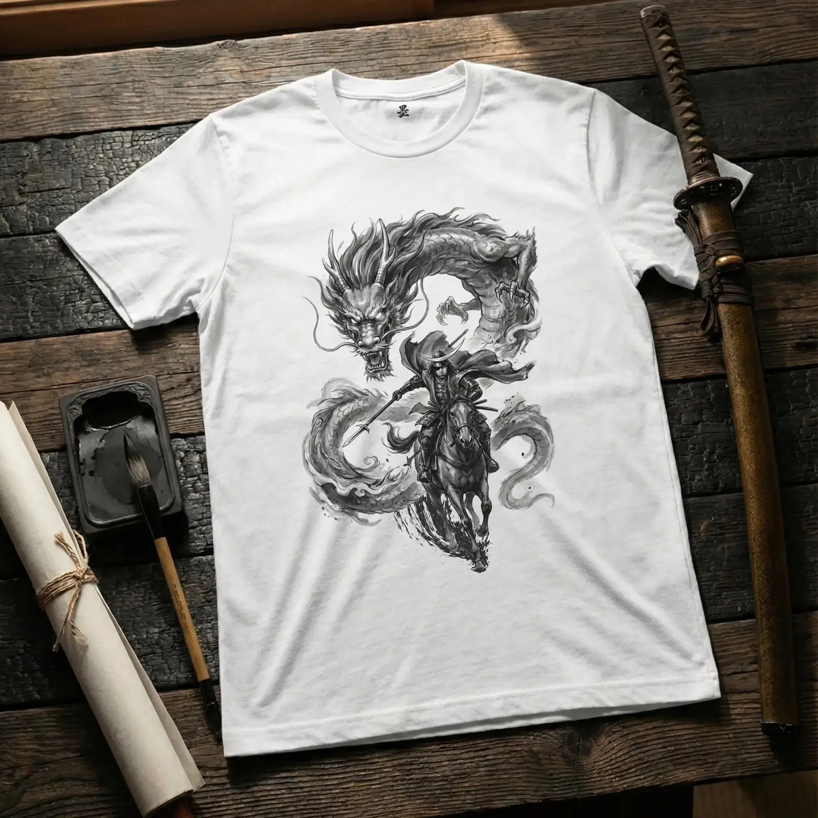 T-shirt Date Masamune One Eyed Dragon, style japonais Sumi-e, samouraï à cheval, histoire du Sengoku, Softstyle vintage délavé