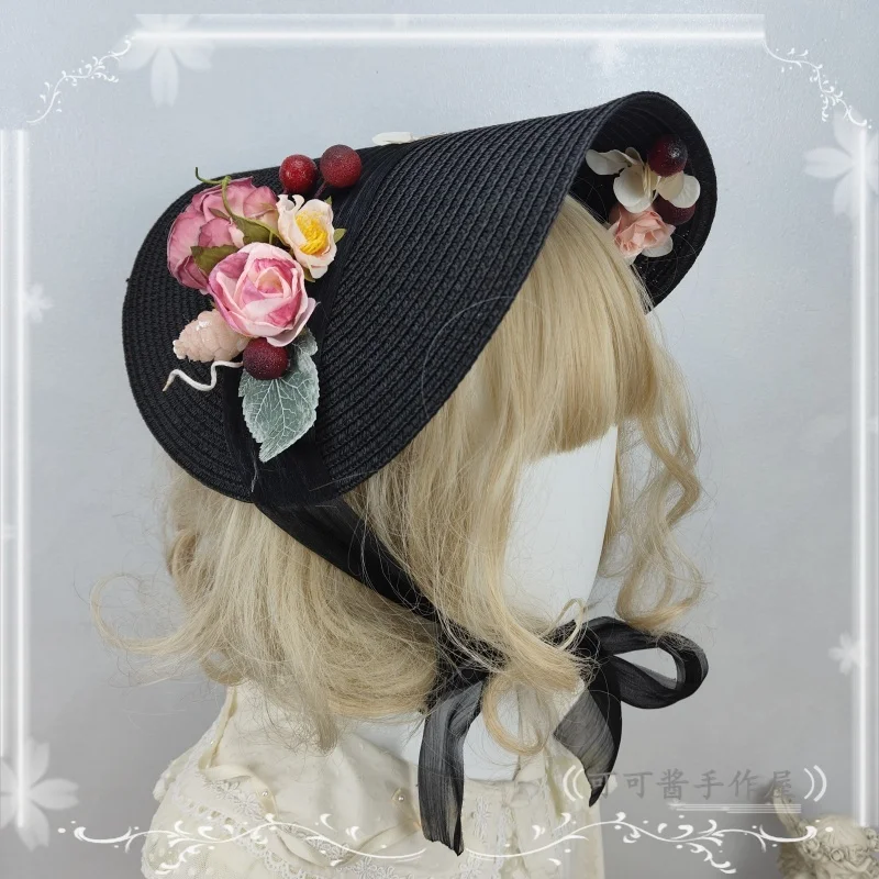 

Original Handmade Lolita Straw Hat French Elegant Retro Hats Black One-piece Elegant Flat Hat Bonnet Hats Sun Hats for Women