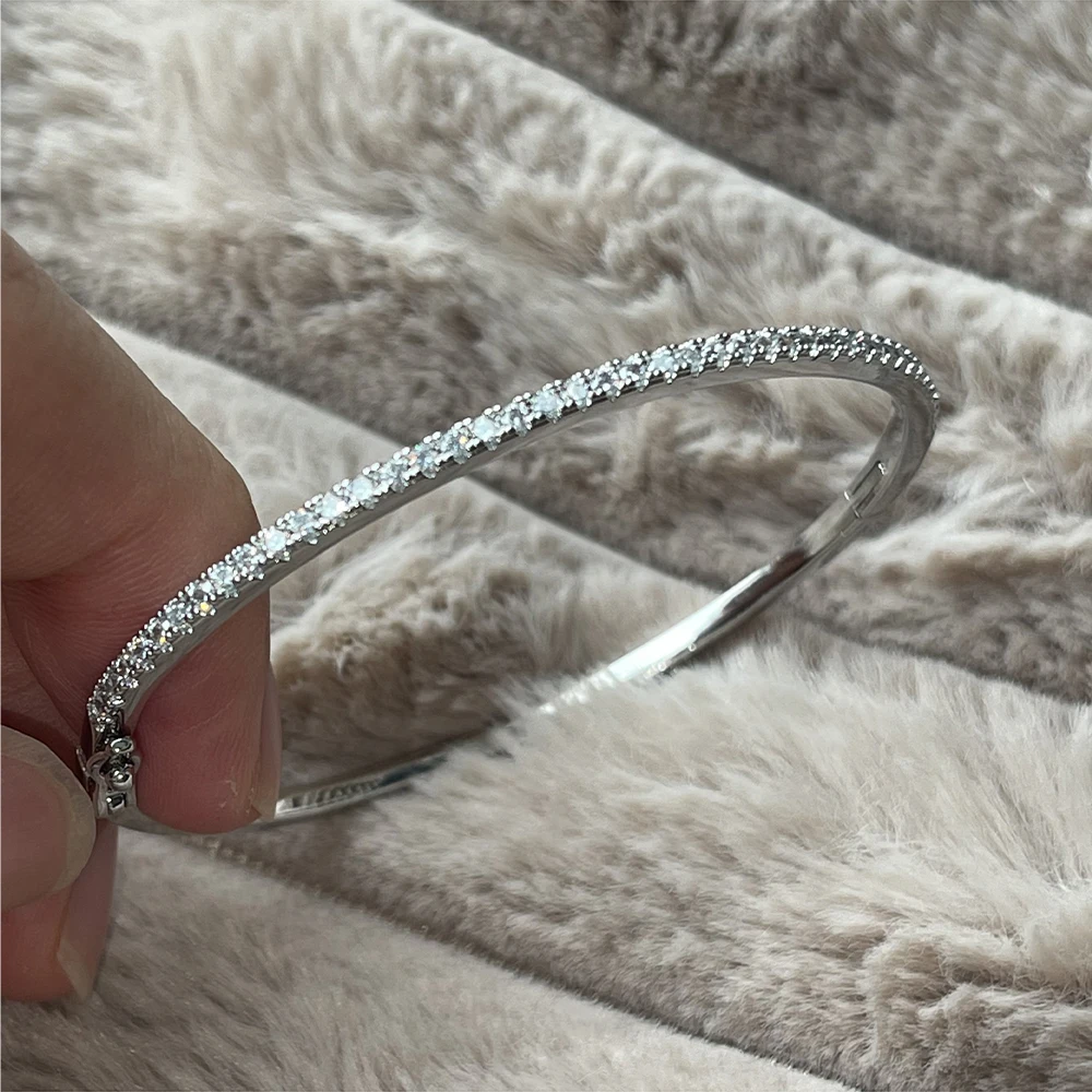 Pure 925 Sterling Silver Full Diamond Bracelet Classic Design Party Jewelry Friendship Bracelet Silver Bangle Rose Gold 17CM