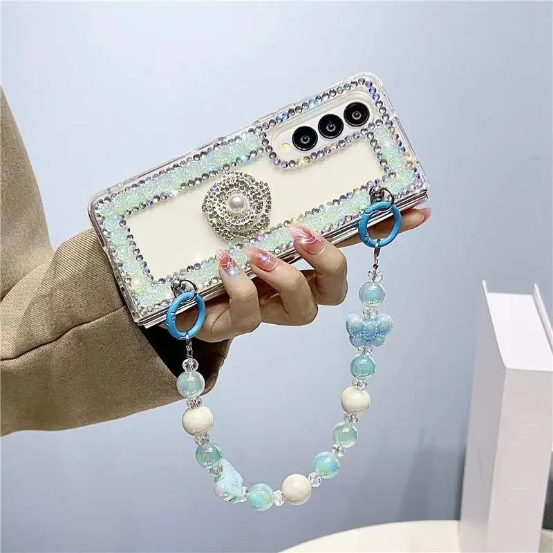 For Samsung Galaxy Z Fold 4 3 5G F7110 F7070 Luxury Crystal Diamond Flower Bow Butterfly Pearl Wrist Shell Phone Case Cover