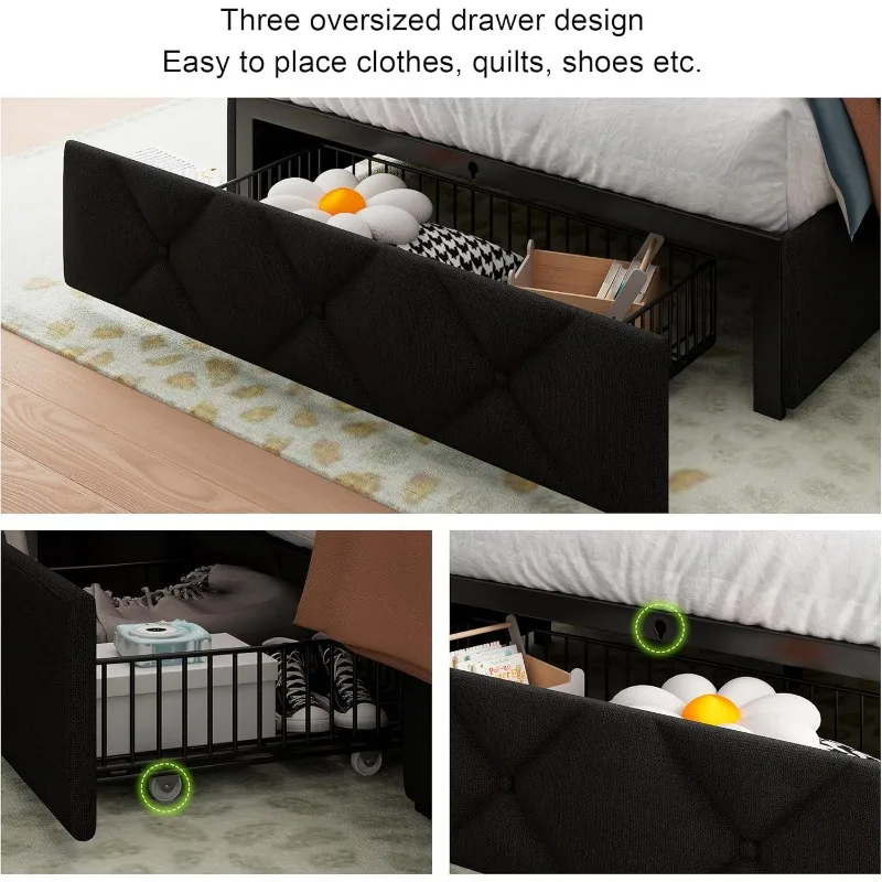 Bed Frame with 4 Storage Drawers, Upholstered Platform Bed Charging Station, Wingback Storage Headboard,Wooden Slats Support,