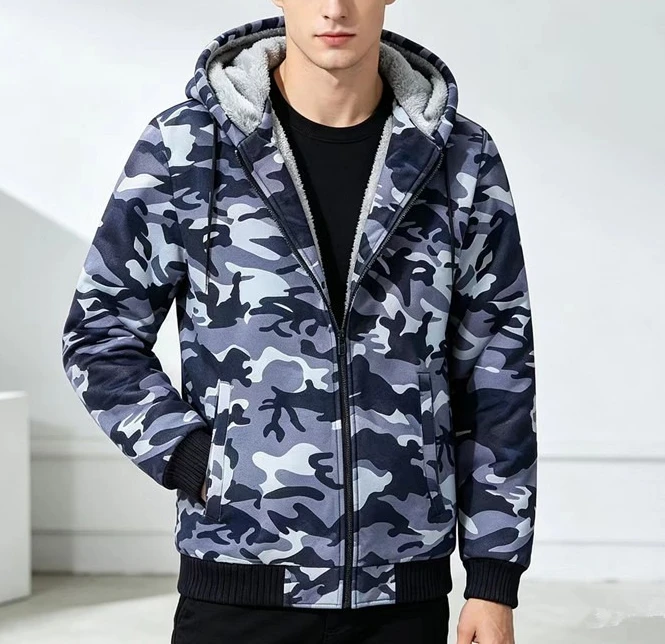 Camouflage Splicing Cardigan Men's Sweater Hooded Autumn and Winter Fleece Thickened Casual Jacket
