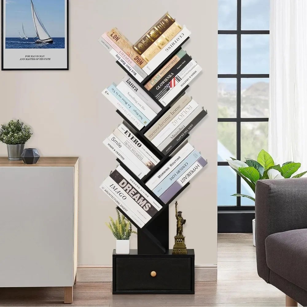 Tree Bookshelf, 8 Tier Tree Bookshelf with Drawer, Free Standing Wood Bookcase, Storage Organizer Bookshelves for Books