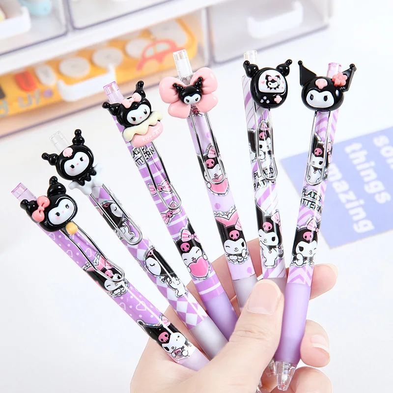 

Sanrio 12/24pcs Kawaii Kuromi Press Gel Pen Cute Resin Patch Metal Pen Clip Signature Pen Students Learn Stationery Wholesale