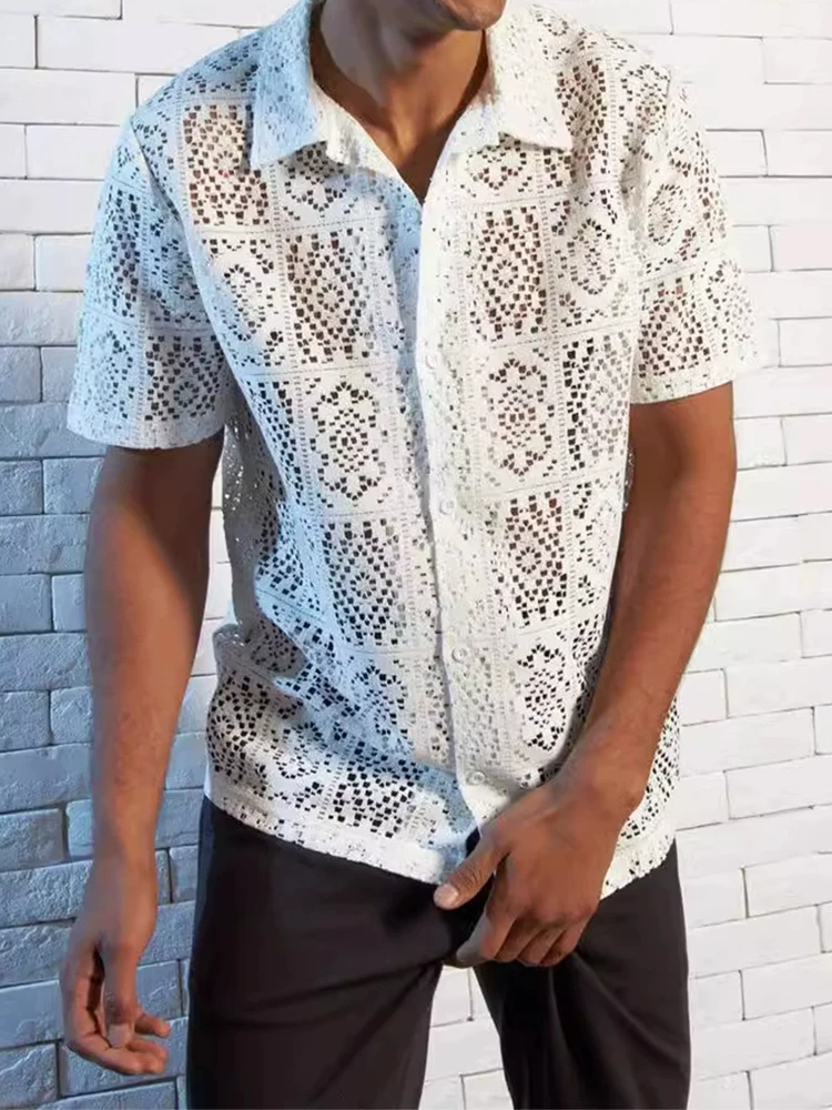 2025 Summer New Casual Mesh Shirt Tops Mens Short Sleeve Lapel Buttoned Mesh Lace Shirts For Men Sexy Transparent Cardigan Tops