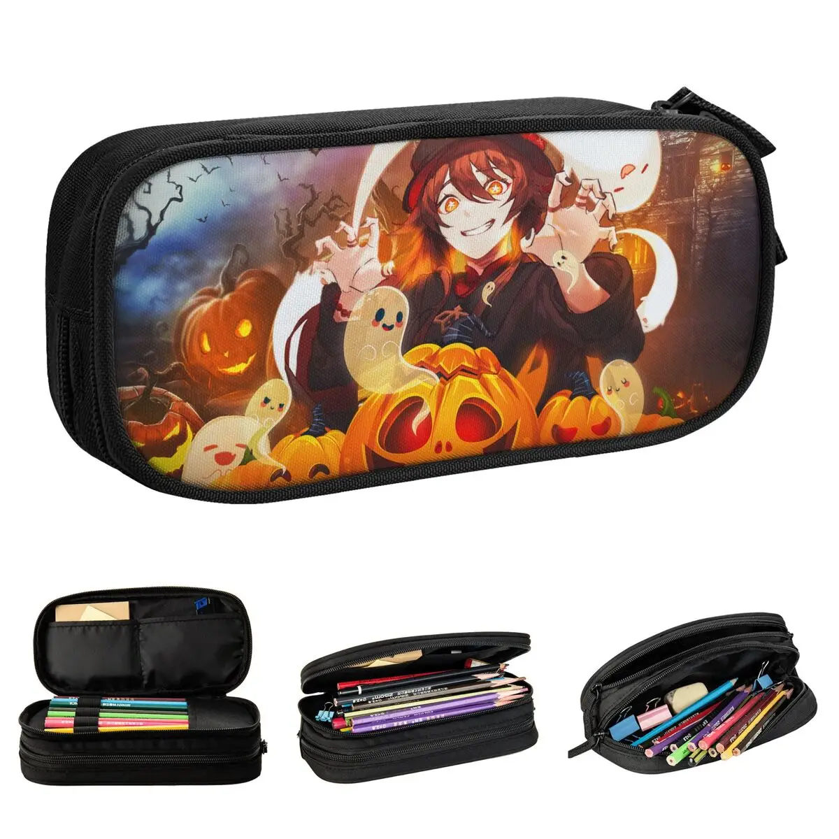 Halloween Hu Tao Spooky Genshin Impact Pencil Case Pencilcases Pen Holder for Student Big Bags School Supplies Gifts Stationery