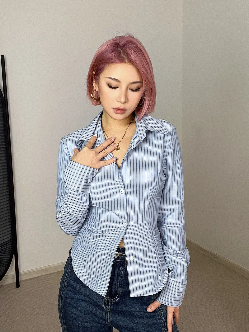 Spicy Girl WOMENGAGA Stripe Polo Neck Long Sleeve Collared Button Up Designer Shirt Women New Tight Sexy Top Fashion Tops 80Q5