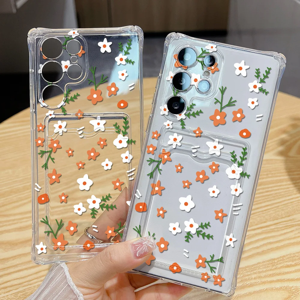 삼성 갤럭시 S25 울트라 S24 FE S23 플러스 S22 A06 A05s A05 실리콘 소프트 충격 방지 꽃 Funda 커버에 대한 카드 홀더 전화 케이스