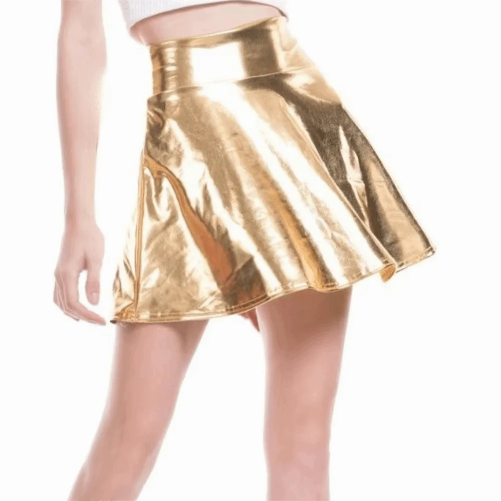 Elegant Metallic Pleated Skirt Retro Gold Silver Shiny Short Dress Elastic Flared Design Girls Short Mini Skirt Festival Outfit