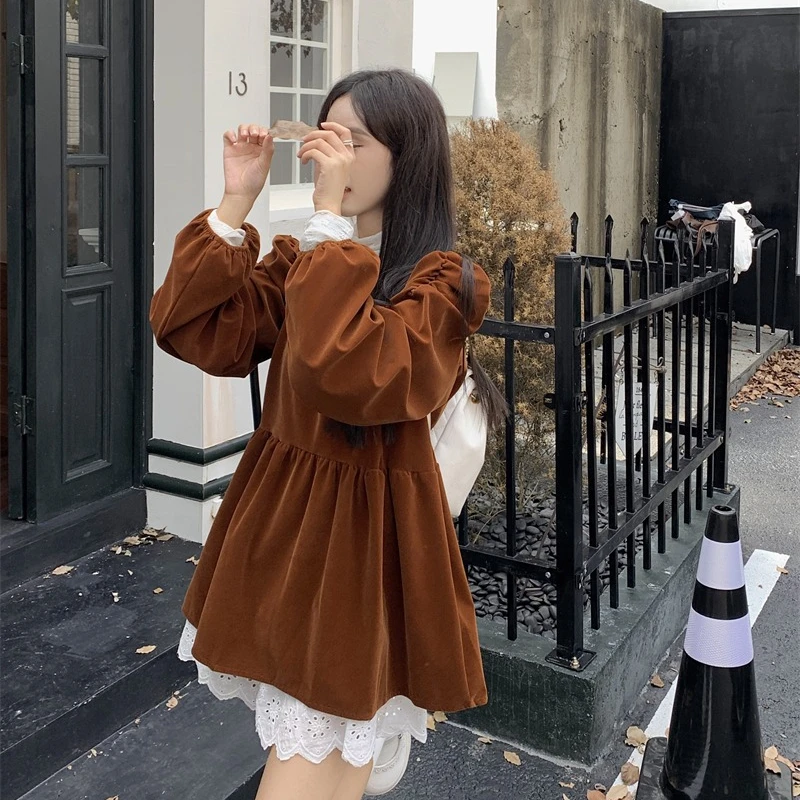 

French Vintage Dress Women Spring and Autumn New Niche Design Sense Long Sleeve Dress Students Cute Velvet Shirt Dress Female