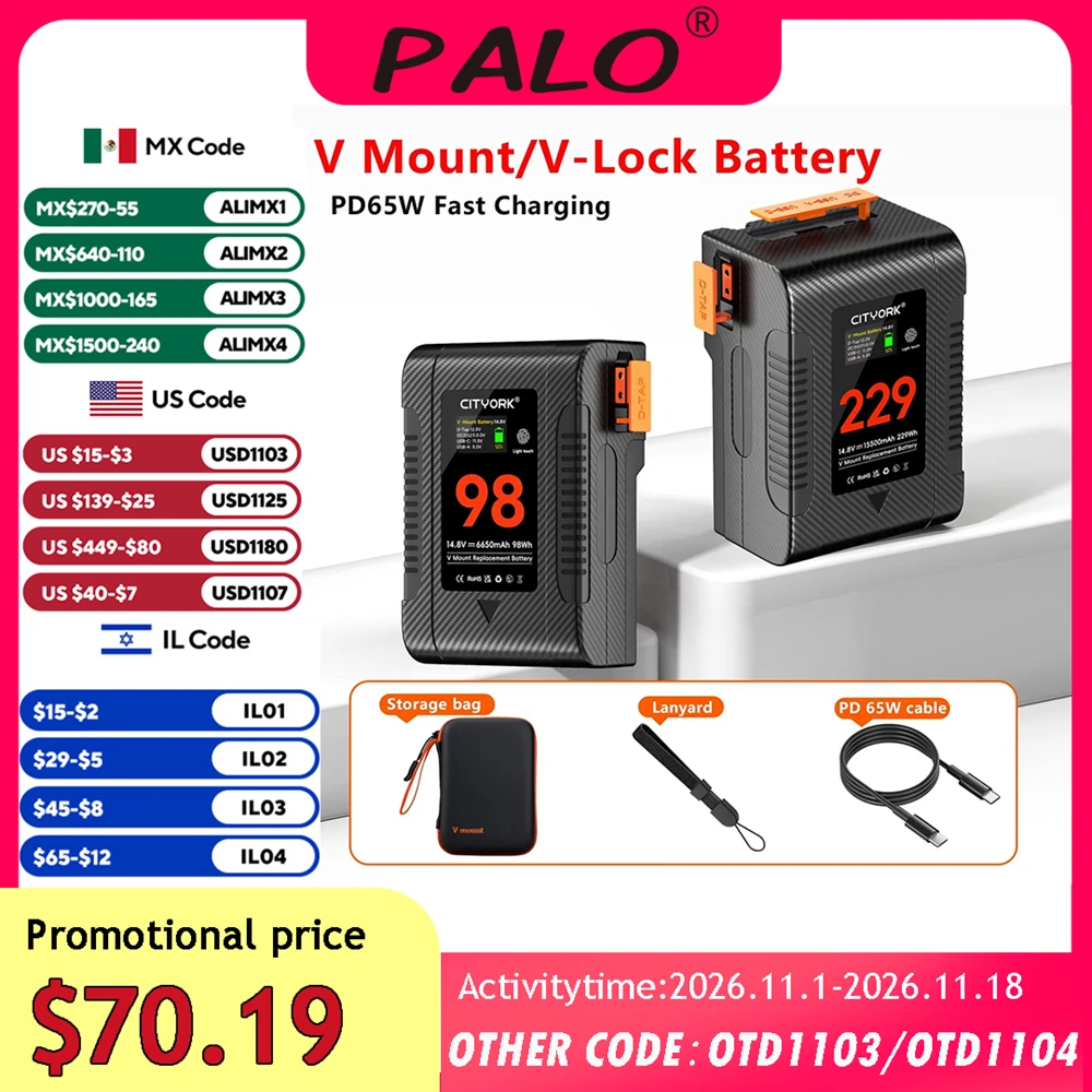 New V-Lock V Mount 98Wh 229Wh Battery BP Battery With PD 65W Cable for Sony Camcorder Broadcast Video Light Blackmagic URSA