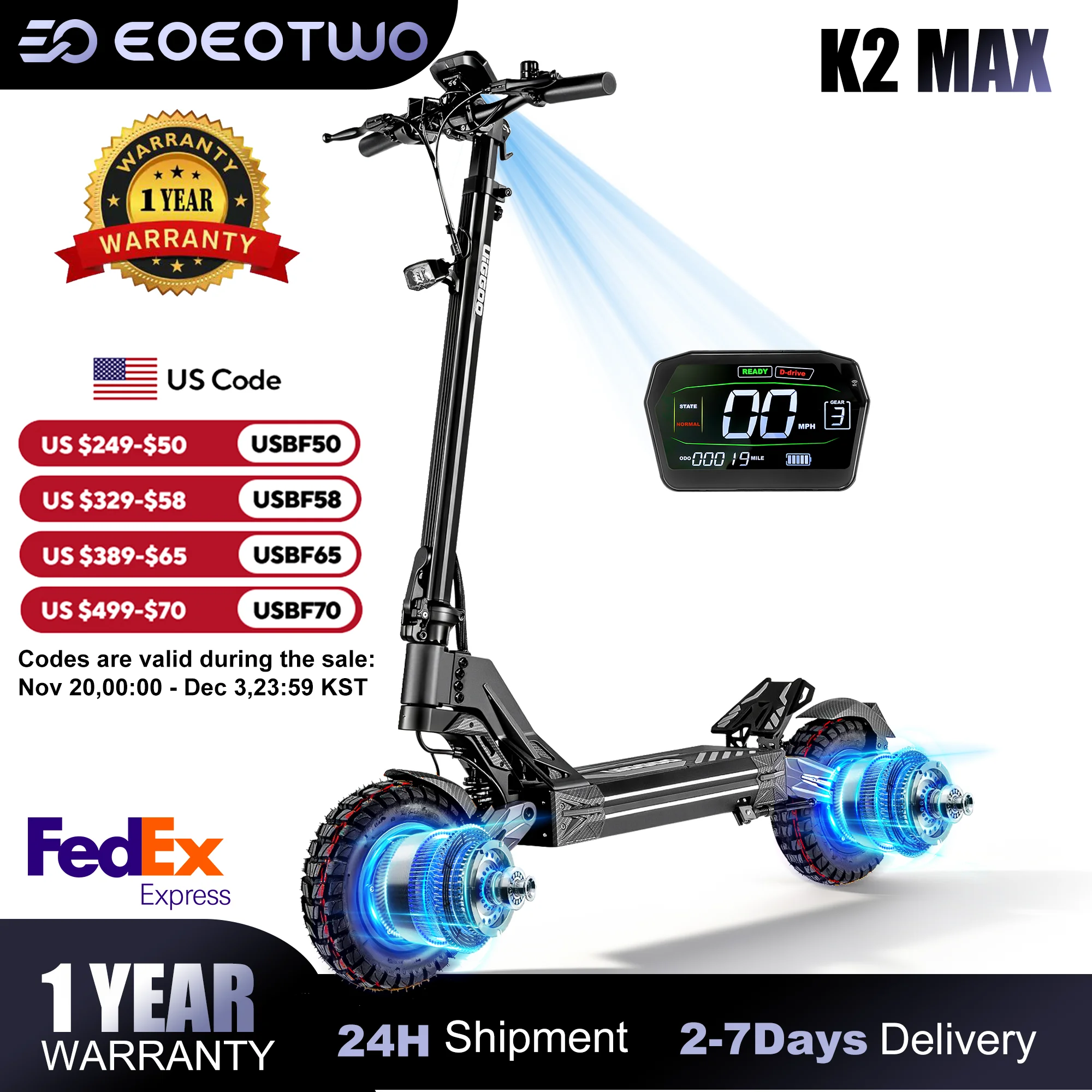 

EOEOTWO K2MAX Electric Scooter Adults,4000W Peak Dual Motor,E-Scooter Up to 45Mph,11'' All-Terrain Tire Scooter with Side Lights