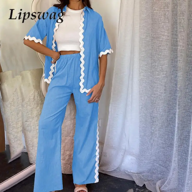 

Women Satin-Faced Home Two-Piece Fashion Spliced Loose Commuter Suit 2024 Casual Lapel Button-Down Top And Wide-Leg Trousers