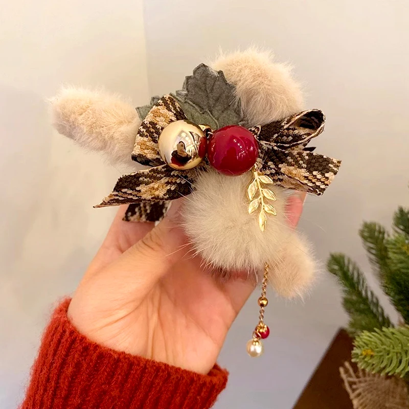 1PC Fashion Elegant Furry Creative Hair Clip For Women Plush Bowknot Tassel Christmas Shark Clip Autumn Winter Hair Accessories