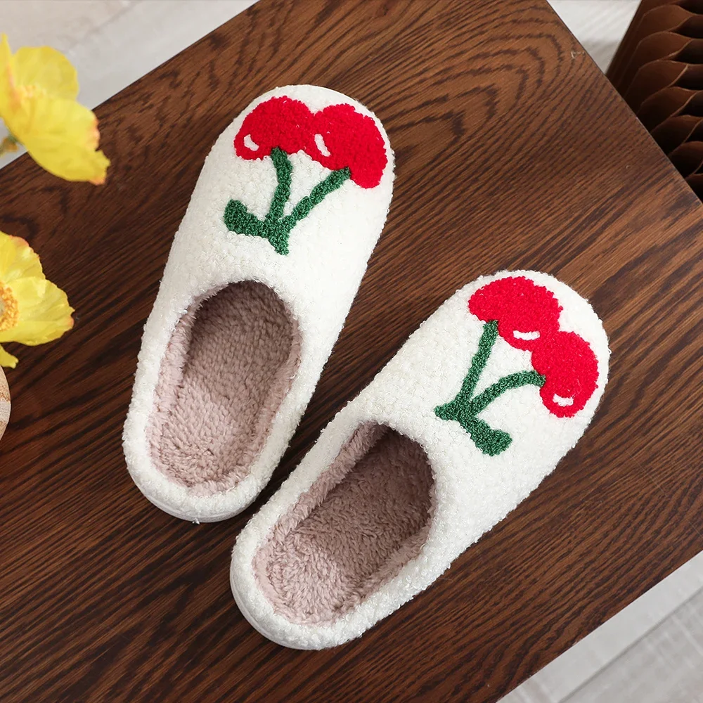 Women Cute Cherry Home Slippers Fluffy Thickened Strawberry Plush Slippers Winter Warm Sweet Anti-slip Couple Christmas Gift