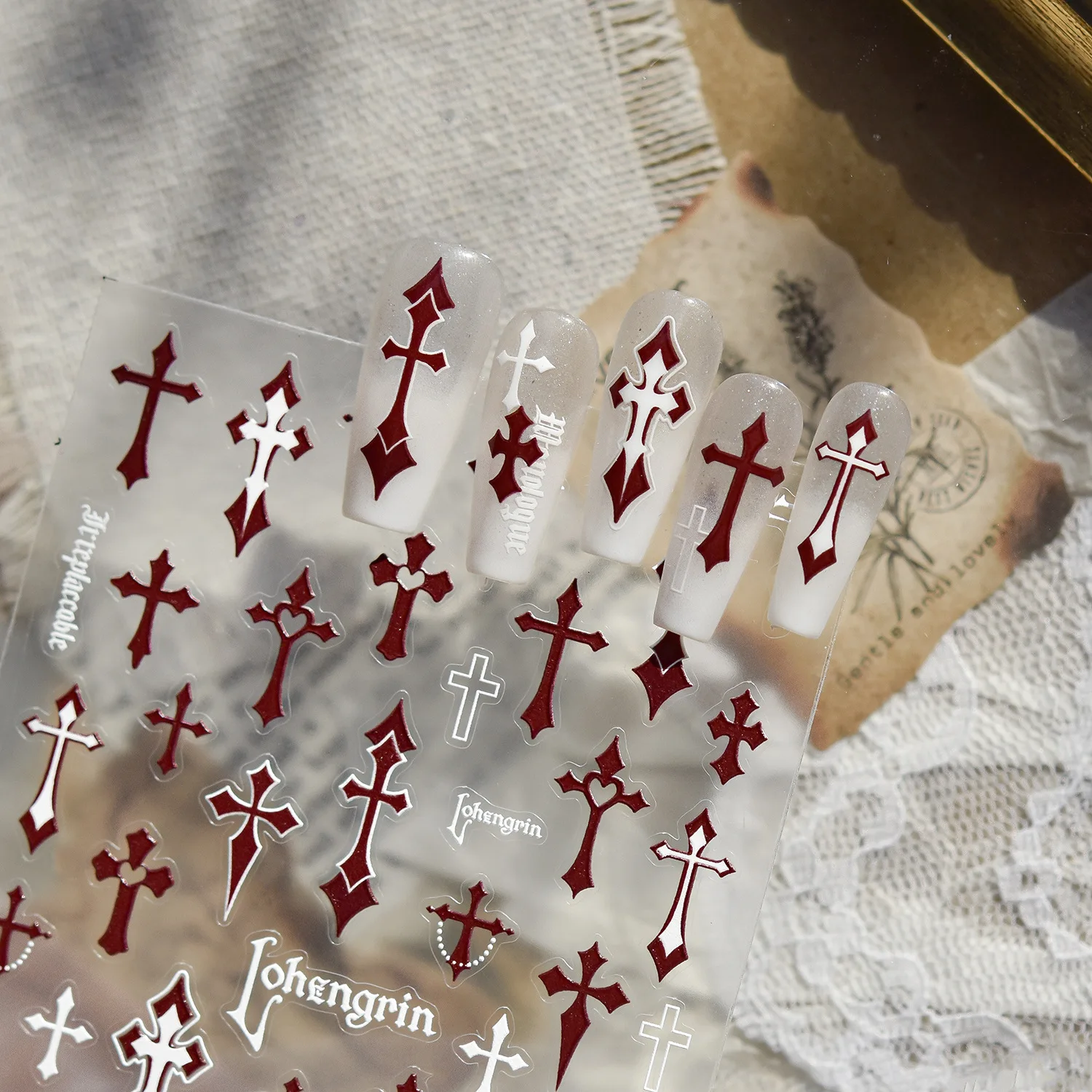 جديد النمط الصيني مسمار الفنون ملصقات DIY تنقش ملصقات الأظافر الرجعية الأحمر الصليب ملصق الأظافر المواد اكسسوارات الديكور