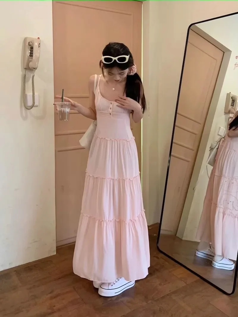 ฤดูร้อนผู้หญิงสีชมพู Ruffle ชุดยาวเกาหลีฝรั่งเศส Fairy Elegant Chic ชุดราตรีแขนกุด SLIM FIT หวาน Camis ชุด Плае