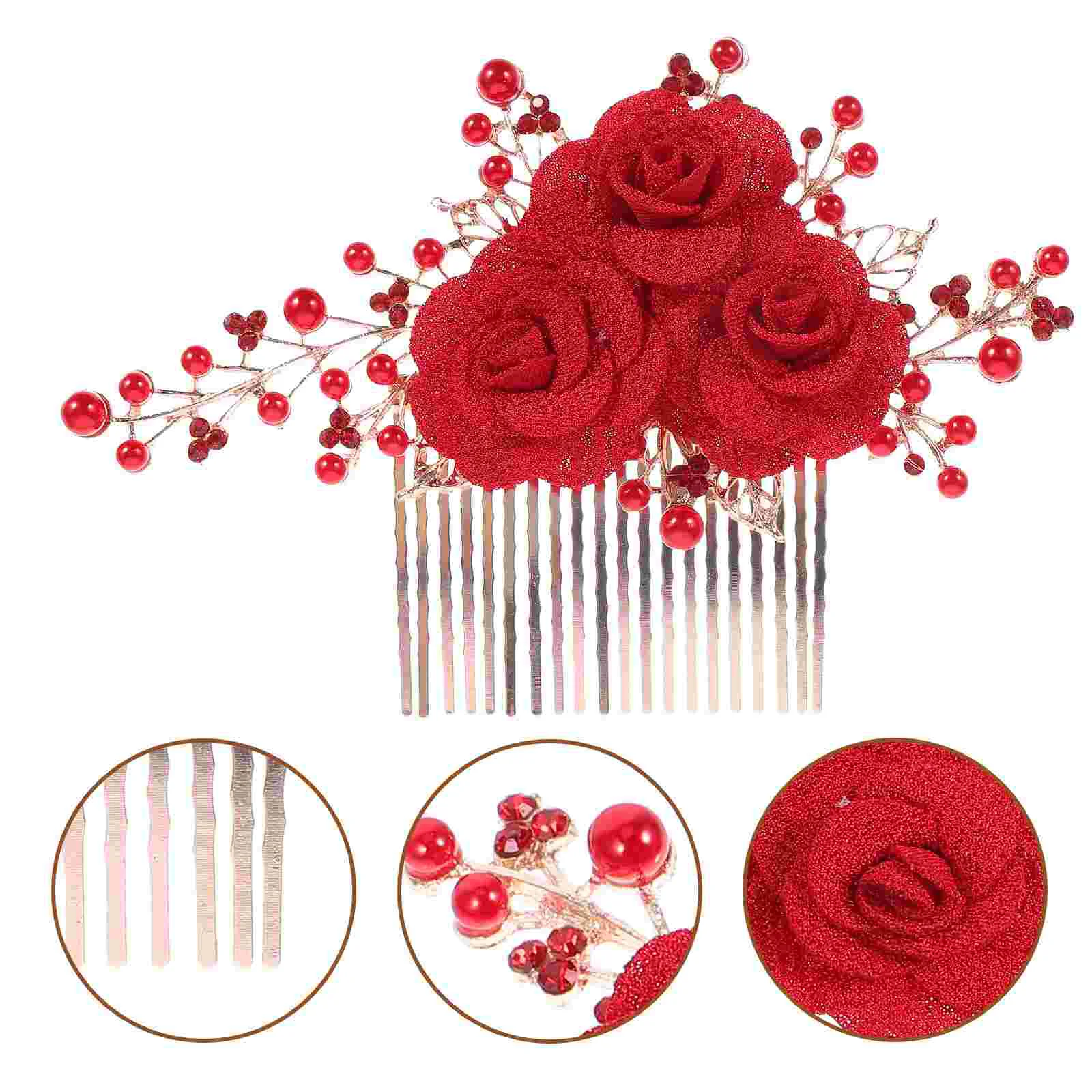 Hair Accessory for Women Red Plug Barrettes Floral Headpiece Alloy Bride Side Comb