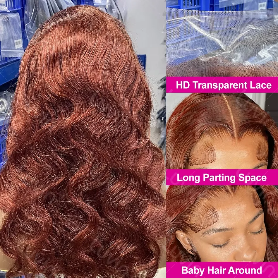 Reddish Brown 13x6 Lace Frontal Wig Reddish Brown Human Hair Wigs Brazilian 30 Inch 250% Body Wave HD Lace Frontal Wig For Women