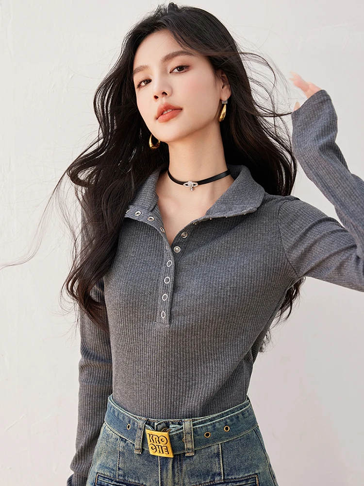 Turn-down Collar Long Sleeve T-Shirt Women 2024 Autumn New Solid Color Niche Design Sense Pullover Slim Fit Tops