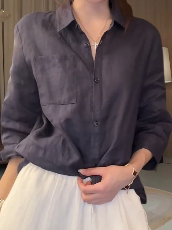 Casual Style Long Sleeve Shirt Women's Single Button Turn-down Collar Loose Fit Summer Fashionable Casual Top for plus Size