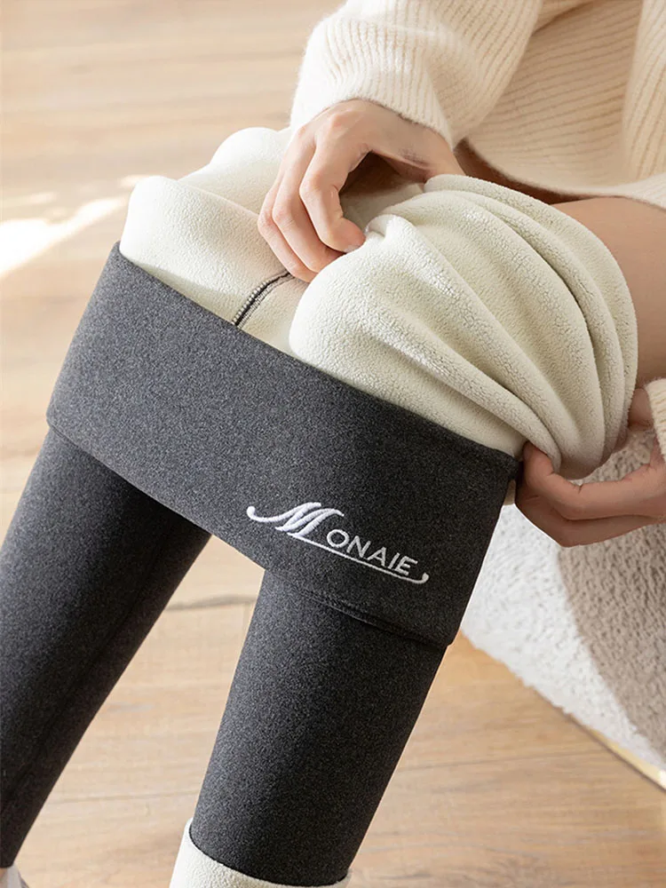 High Waist Fleece Leggings Women's Stretch Warm Tights Letter Embroidery Ankle-Length Pants Female Cosy Leggings Autumn Winter