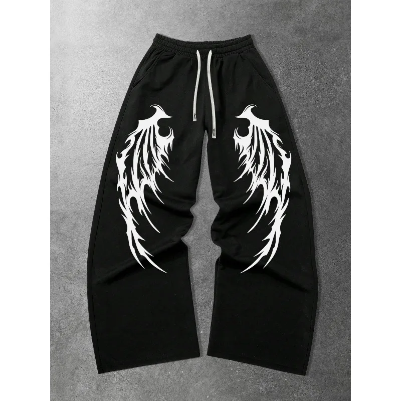 Angel Wing Print Men's Casual Wide-Leg Pants, Essential for Campus Fashion