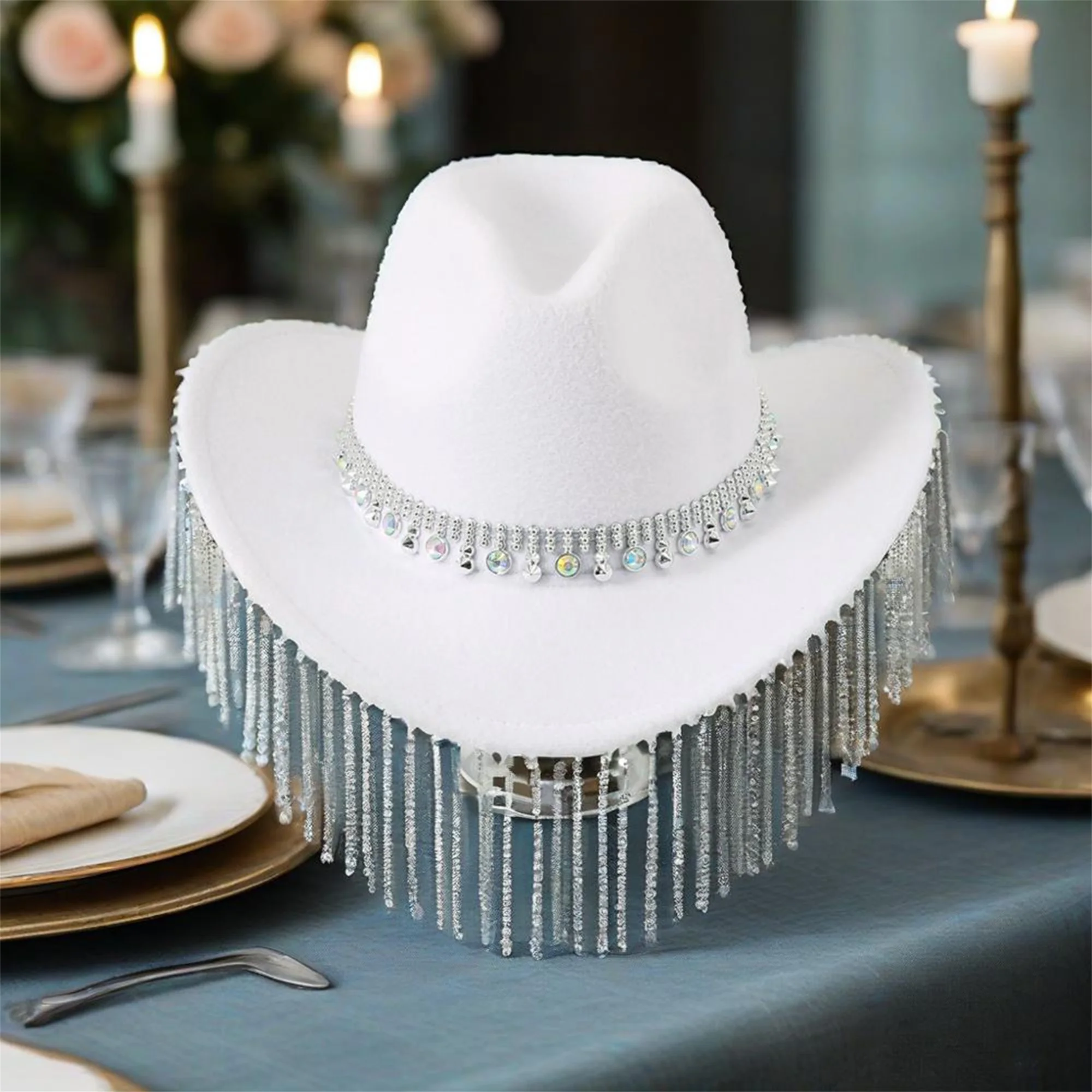 Stylish Women s Wide Brim Cowgirl Hat with Rhinestone Embellishments and Tassel Detail Elegant Wool Hat for Parties and Jazz