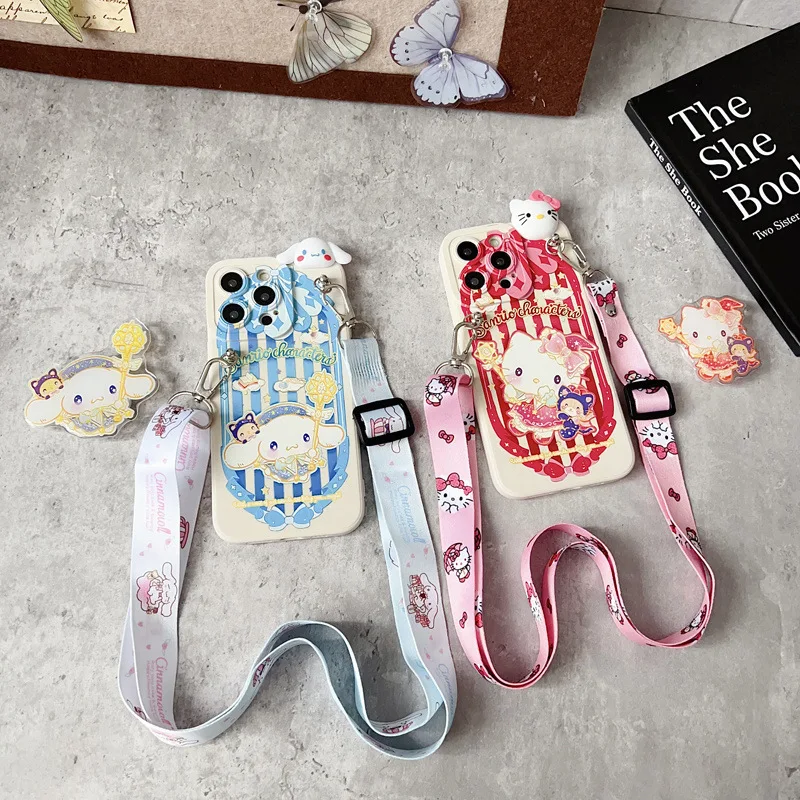 Funda de teléfono con cordón cruzado 3D Hello Kitty Kuromi para iPhone 16 15 14 13 12 11 Pro Max XS X XR 7 8 Plus cubierta a prueba de golpes