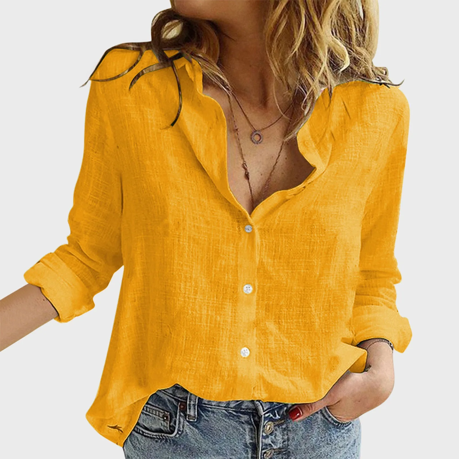 Solid Colour Shirt Women\'s Shirt Casual Loose Long Sleeve Shirt Blouse Fashion Korean V Neck Button Versatile Tops Blouse