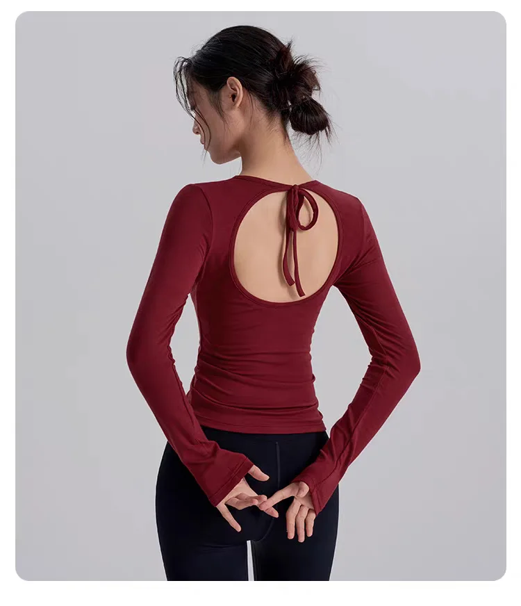 Rückenfreies Sporttop mit Trägern und Brustpolster für Damen, Hochwertige Gym-, Pilates- und Yoga-Bekleidung, Schnelltrocknendes Fitness-Langarmshirt – Detail 2