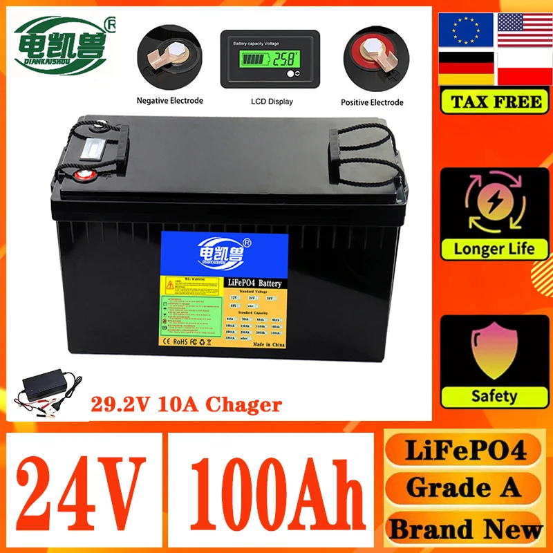 New 24V 100Ah 150Ah lithium iron phosphate battery pack 12.8V 25.6V, suitable for RV off-road off grid battery pack tax-free