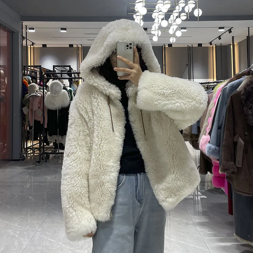 JANEFUR Damen Winter Warmer Mantel Echtpelz Wolle Lammfell Mantel Mode Weiß Niedlich Flauschiger Stil JFB9-25014