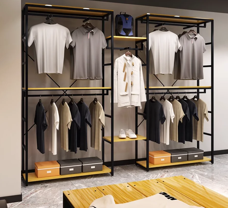 Clothing store display shelves Floor to floor double-layer display racks hanging clothes shelves