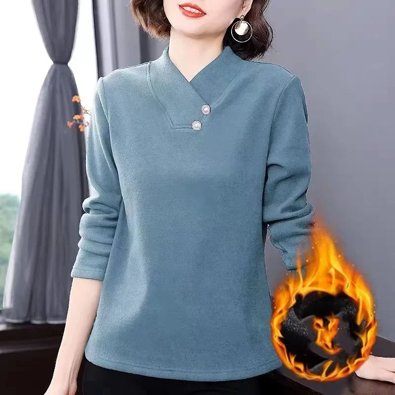 

Women's Pullover V-Neck Solid Button Patchwork Bottom 2023 Autumn and Winter Fashion Long Sleeve Slim Office Lady T-shirt Tops