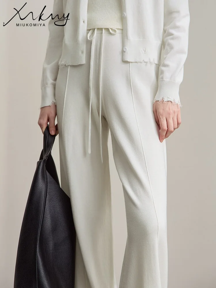 MiuKoMiYa Calças femininas largas de malha com cordão, calças soltas marrons quentes, cintura alta, retas, pernas largas, cortadas de malha, outono