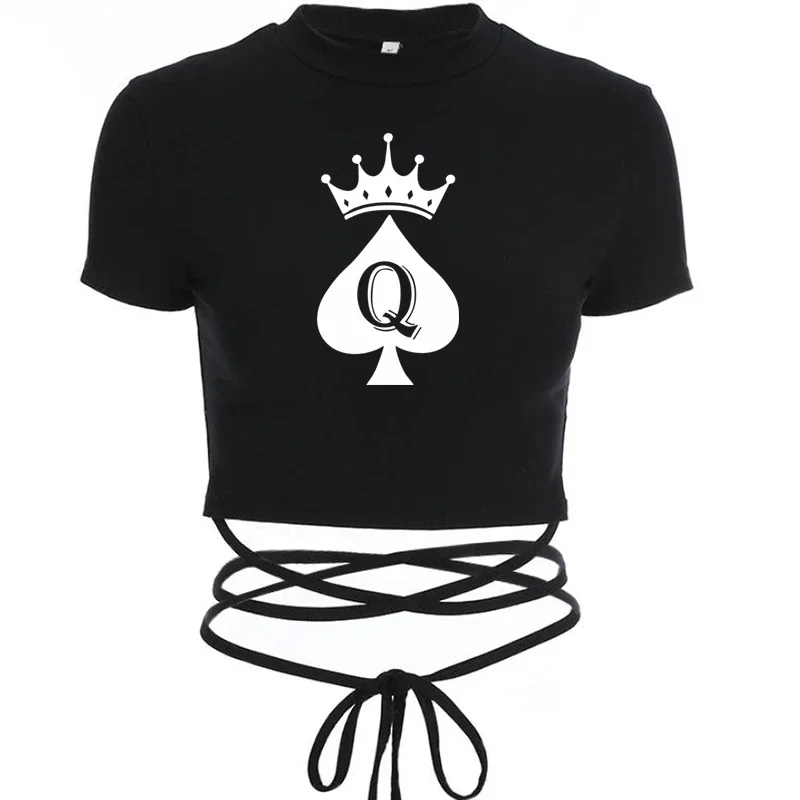 Queen Of Spade Crop Tops Ladies Black Bandage Tee Fashion Women Hot Short T-Shirts Sexy Short Sleeve Female Shirts Gilrs Clothes