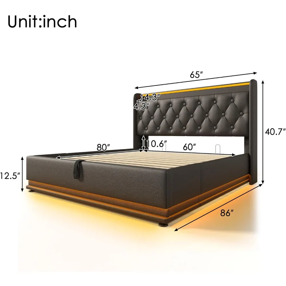 Large Cushioned Lift Storage Bed with Headboard, PU Fabric, Button Tufting, USB Port, and 360 ° Surround LED Design, Black