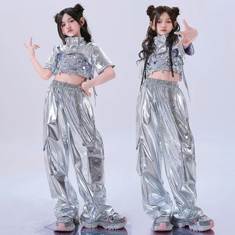 

Jazz Dance Clothes Girls Kpop Stage Outfit Silver Sequin Vest Shuffle Pants Hip Hop Dance Suit Model Show Fashion Clothes 1943