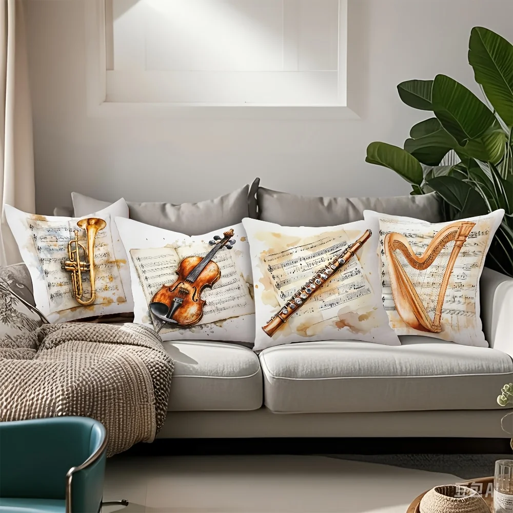 4-Piece Spring/Summer Decorative Pillowcase Set – Vintage Musical Instrument Design (Trumpet, Violin, Flute & Piano)