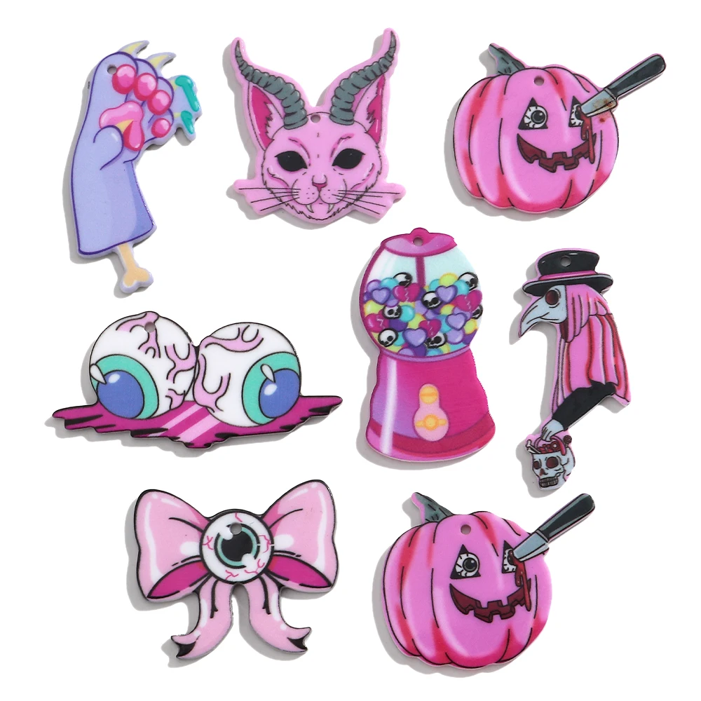 10pcs Halloween Acrylic Pendants Cartoon Crow Pumpkin Bow Eye Keychain Earrings Accessories for DIY Gothic Jewelry Making