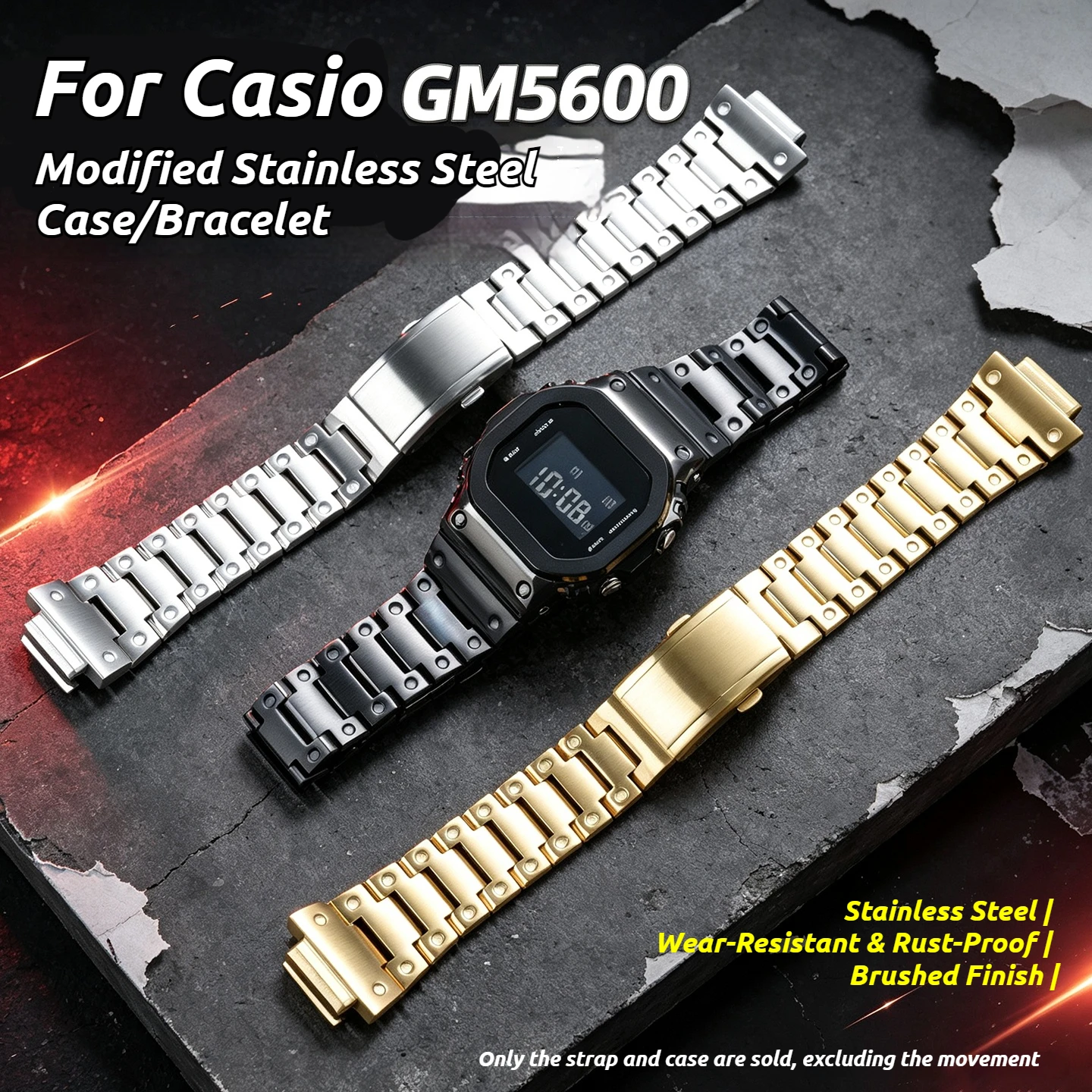 Modifiziertes GM5600-Uhren-Mod-Kit für Casio GM5600/B/G GM-5600, Edelstahl-Uhrenarmband, wasserdichtes Metall-Uhrengehäuse, Uhren-P